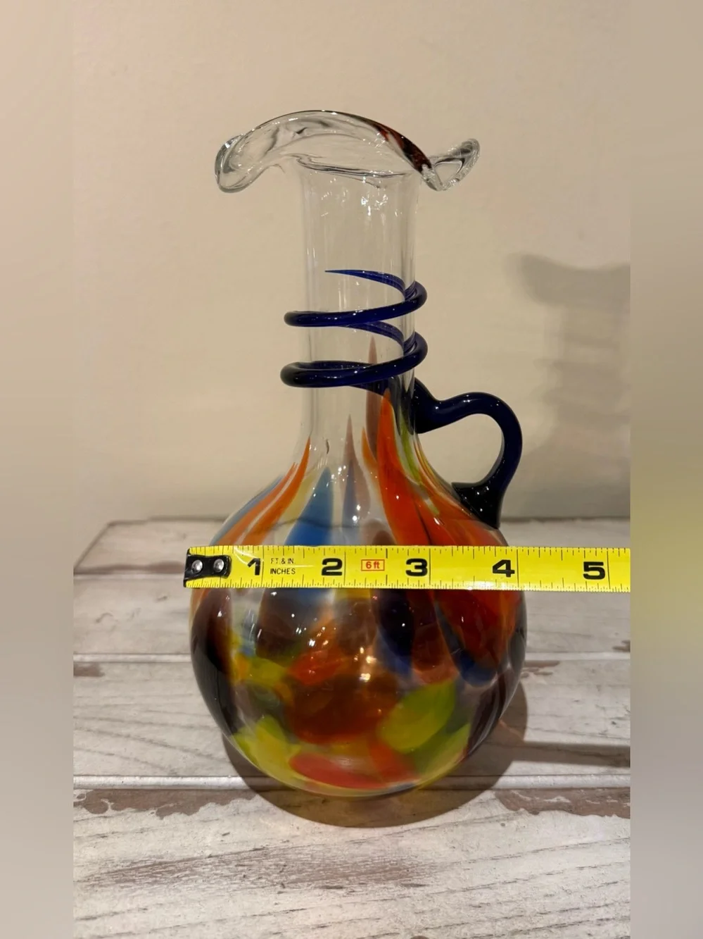Vtg Hand Blown Art Glass Pitcher Ruffled Neck Spout Spiral Handle End Of Day